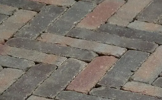 Close view of wet Abbey Dark Multi Dutch clay pavers laid herringbone, showing red and grey tones. 