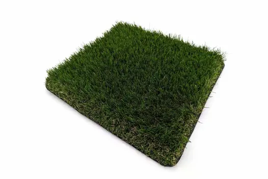 A sample section of artificial grass viewed at an angle, displaying density and backing.