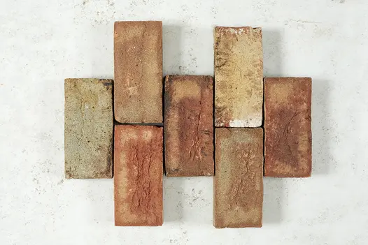 7 Cotswold Blend clay pavers arranged in vertical rows of 1 or 2 bricks, showing aged texture and buff, white and red colours. 