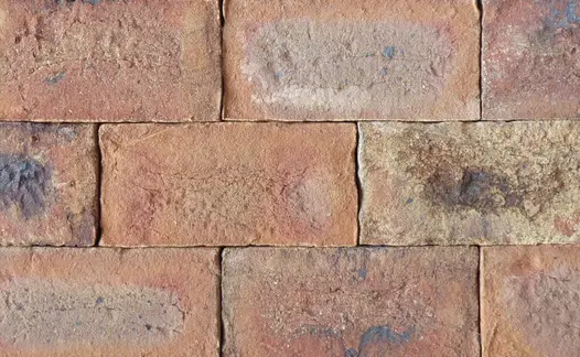 Close-up view from directly above of Cotswold Blend clay paver bricks abutted, showing colour variation. Free UK delivery available.