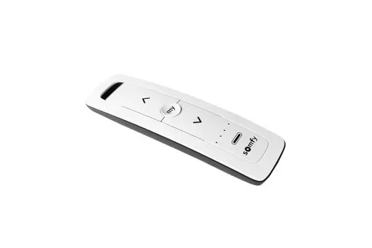 Somfy 5 IO Pure Handset on white background, with five channels for managing LED lighting, heaters, and shade blinds on Deluxe Pergolas.