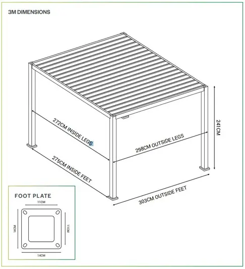 Diagram showing measurements of 3x3m Proteus Grey aluminium pergola and footplate.