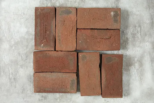 Eight Dorset Antique Clay Paver bricks arranged in display, view from above shows colour and texture against light background.