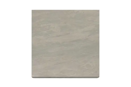 View of 1 print of 32 Raj Green Porcelain Paving slabs, showcasing natural stone veining in varying shades. Garden Tiles UK with free delivery.