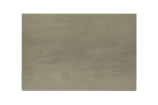 Detailed view of 1 print out of 32 Raj Green Porcelain Paving slabs, revealing varied grey shades with natural stone-like veining.