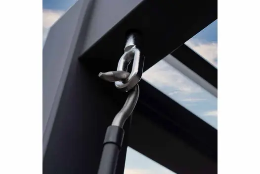 Close-up of crank mechanism used to open and shut galvanised steel louvres, set into frame of Proteus Grey Aluminium Pergola