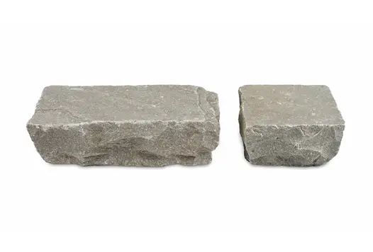 2 sizes of Kandla Grey sandstone setts against white background to show colour and relative size. Free UK delivery available.