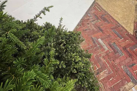 Old English Clay Brick Pavers in a rich red and weathered blend, laid in a herringbone pattern beside dense evergreen planting and pale stone paving.