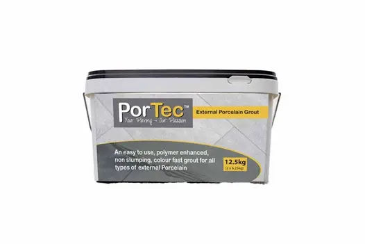 One tub of PorTec polymer-enhanced external porcelain grout, designed for outdoor paving projects. Available in Dove Grey.