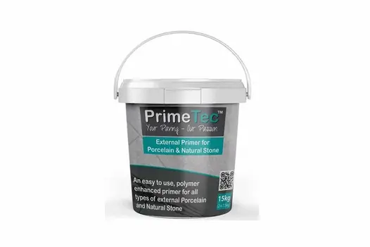 A tub of PrimeTec polymer-enhanced primer, ideal for external porcelain and natural stone installations.