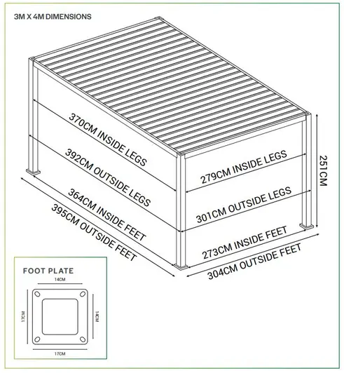 Diagram showing measurements of 4x3m Proteus Grey aluminium pergola and footplate.