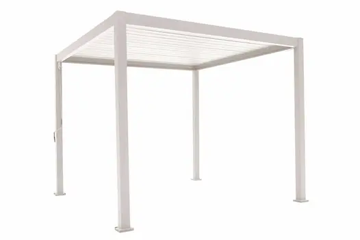 Proteus White Weatherproof Pergola on white background, showing footplates and louvres, crank handle hanging from frame on left.