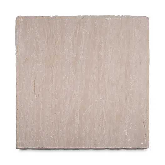 A close-up swatch of Raj Green Indian Sandstone, showing blends of browns, greys and green tones with a textured riven surface.