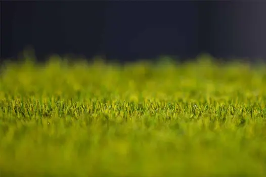 A blurred close up of Rome 40mm thick artificial grass in the sunlight.