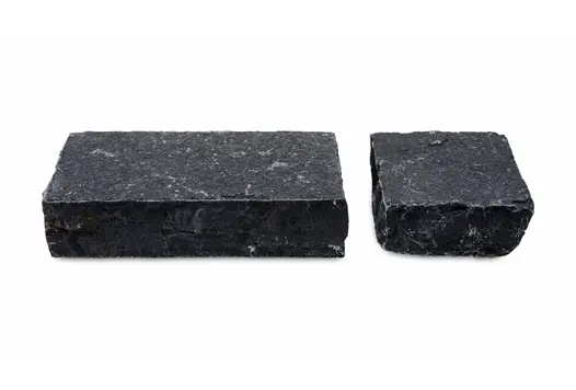 2 Midnight Black limestone setts against white background, one measuring 200x100mm and the other 100x100mm, showing hand-cut edges.