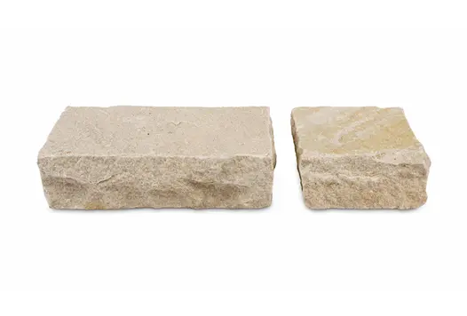 2 Mint Sandstone setts against white background, one measuring 200x100mm and the other 100x100mm, showing hand-cut edges.