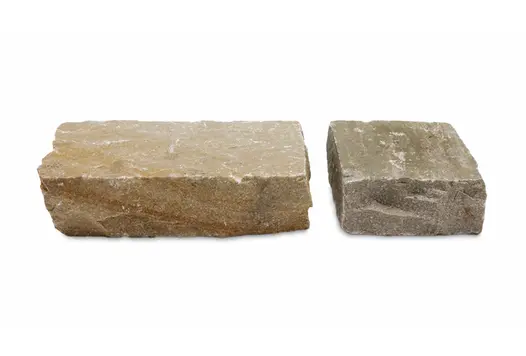 2 sizes of Raj Green sandstone setts against white background to show colour and relative size. Free UK delivery available.